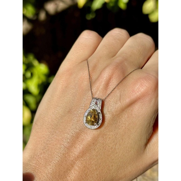 10k Solid White Gold And Diamonds Clyde Duneier Pear Tourmaline Pendant - Picture 11 of 12